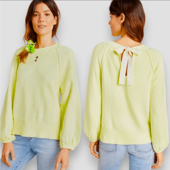 Anthropologie Emily Puff-Sleeved Sweater Yellow tie Back‎ medium - Picture 1 of 12